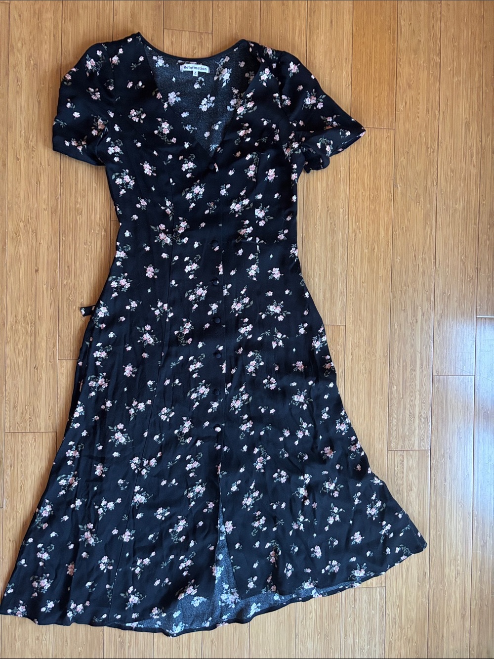 Reformation Black Midi Dress with Pink Floral Print